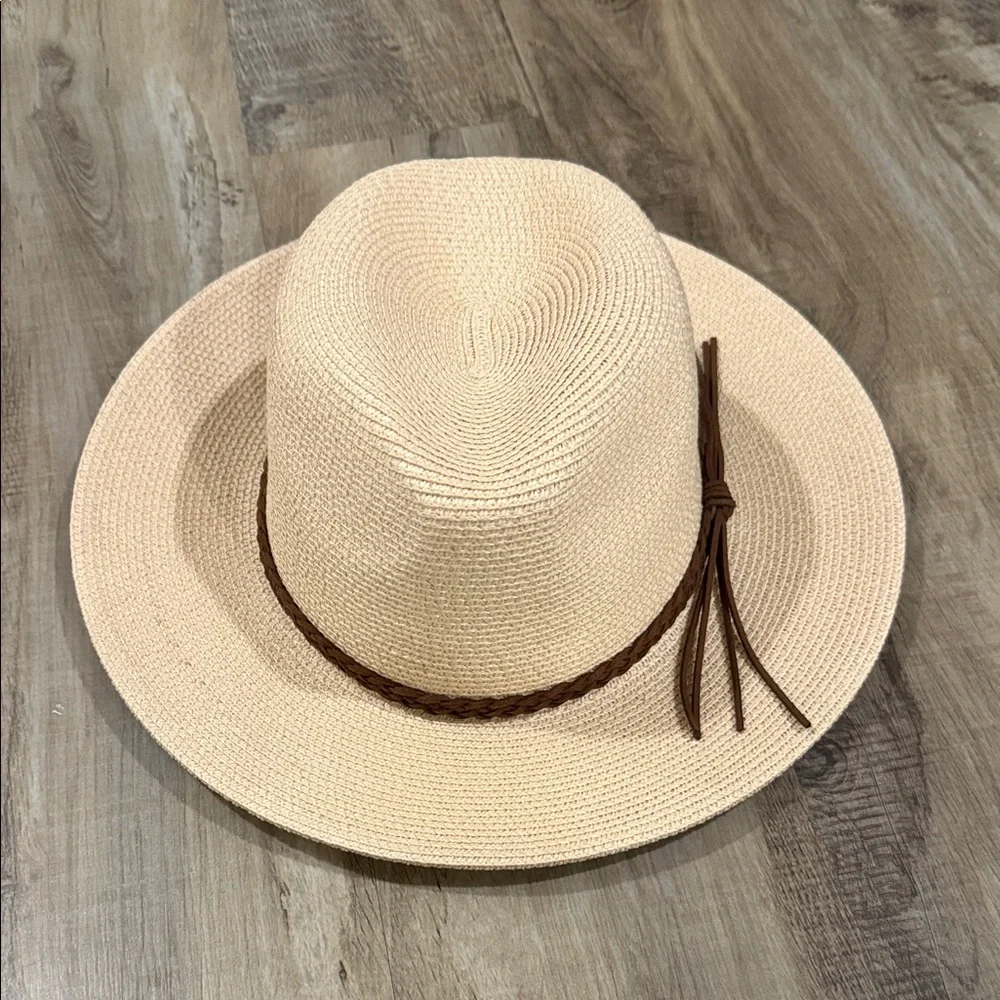 Women’s Cream Straw Fedora Hat with Brown Braided Band